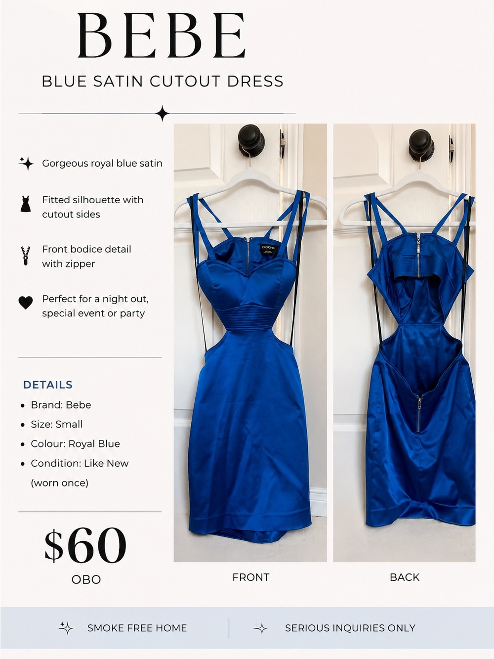bebe Royal Blue Satin Cutout Mini Dress